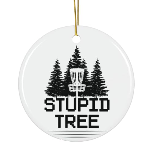 Disc Golf Christmas Ornament Stupid Tree - Funny Holiday Gift for Disc Golfers, 3-Inch Two-Sided Ceramic Decor with Gift Box