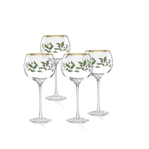 Balloon Wine Glasses Set of 4 - 14oz Holiday Holly Leaf & Gold Trim
