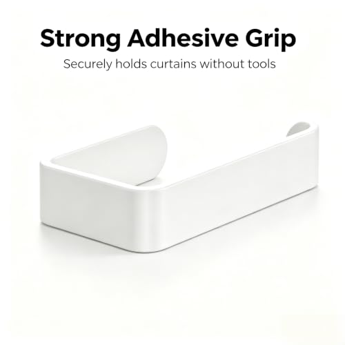 White Adhesive Curtain Holdbacks - No Drill, Damage-Free Peel & Stick, 2 Pack