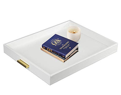 Extra Large Serving Tray with Handles - Faux Leather Storage, White & Gold, 20x16 inches