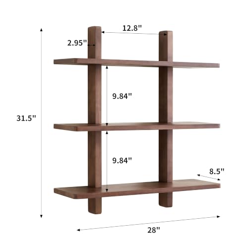 Brown 28 Inch x 31.5 Inch 3-Tier Floating Wall Shelf - Heavy Duty Pine Wood