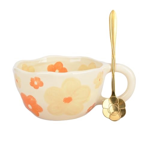 Orange Ceramic Coffee Mug with Flower Spoon, 8oz Handmade Kawaii Teacup