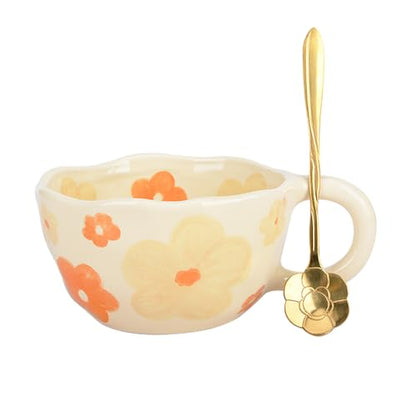 Orange Ceramic Coffee Mug with Flower Spoon, 8oz Handmade Kawaii Teacup