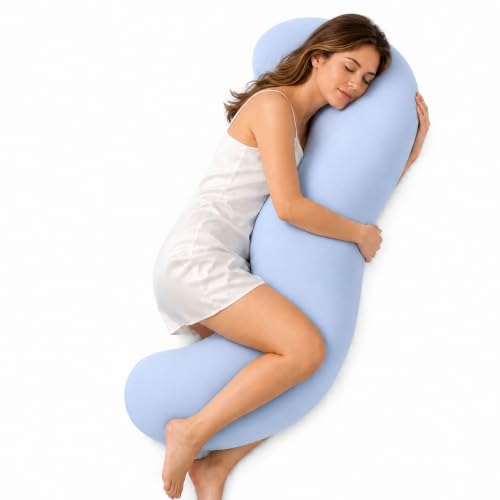 Blue S-Shaped Body Pillow for Side Sleepers with Cooling Cotton Cover - Support for Hips, Knees & Legs