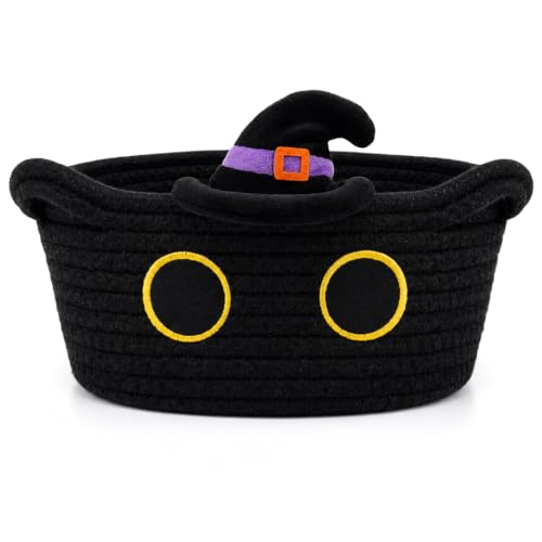 Halloween Black Cat Basket with Witch Hat - Cute Woven Storage Bin - Variation: BlackHat