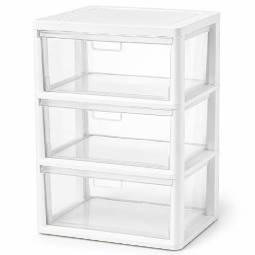 White 3-Drawer Plastic Storage Tower with Removable Clear Bins - Wide Organizer