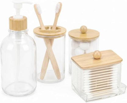 Bamboo Bathroom Accessories Set 4 Pieces with Soap Dispenser Toothbrush Holder and Qtip Container