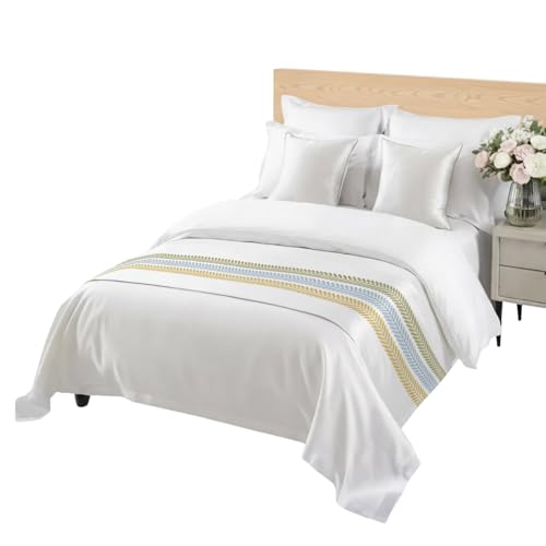 King Size Bed Runner with Botanical Leaves - Green Blue Yellow Decorative Scarf, 94 x 20 Inches, White/Sage/Ochre/Blue Variation