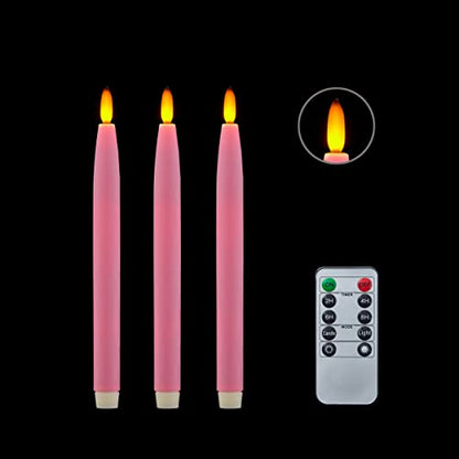 Pink Flameless Taper Candles Set of 3 with Timer & Remote - Real Wax Dinner Decor
