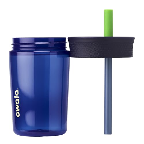 Owala Kids Insulation BPA-Free Plastic Tumbler with Spill Resistant Flexible Straw, Easy to Clean, Kids Water Bottle, Great for Travel, Dishwasher Safe, 15 Oz, Navy and Blue (Home Base)