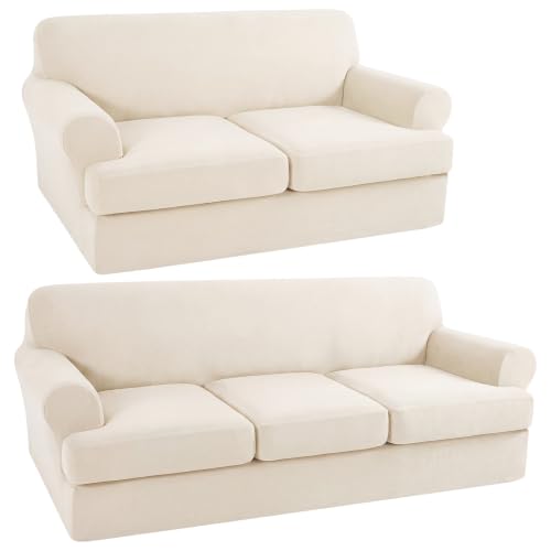 7 Pcs T Cushion Sofa Slip Covers Set - Ivory White, Fits 2 & 3 Seat Couch