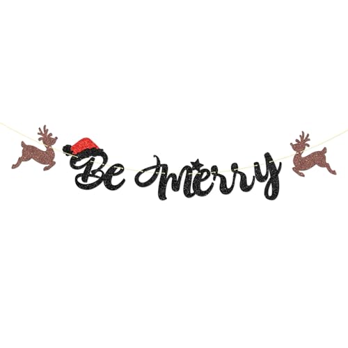 Festive Merry Christmas Banner with Glitter Elk and Tree Sign for Holiday Decor