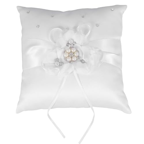 Wedding Ring Pillow 20x20cm with Pearl Flower Ribbon for Bridal Ceremony