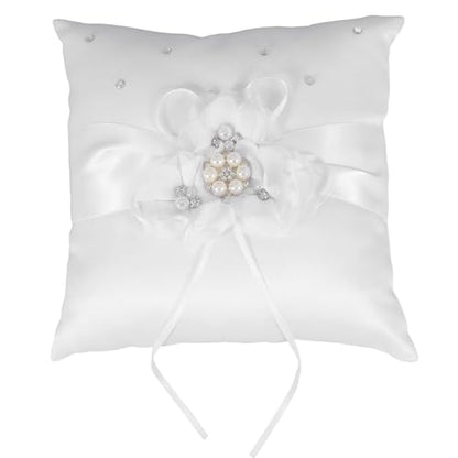 Wedding Ring Pillow 20x20cm with Pearl Flower Ribbon for Bridal Ceremony
