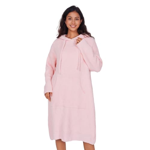 WDCOZY Pink Wearable Blanket Hoodie Full Length Fleece Warm Sweatshirt Dress