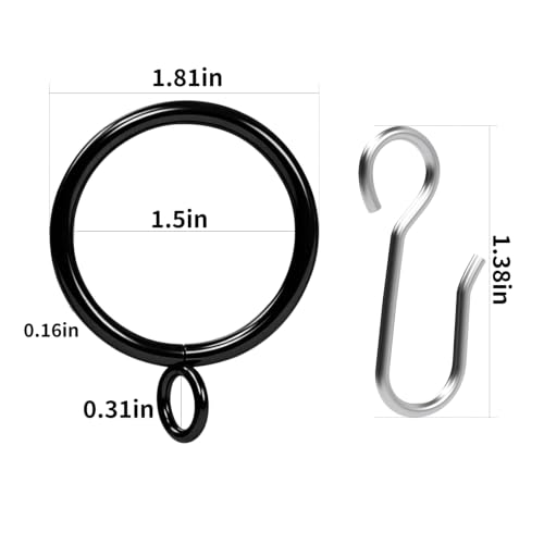 100 Pcs Black Curtain Rings with Hooks for 1.2 Inch Rod - 1.5 Inch Diameter, Black