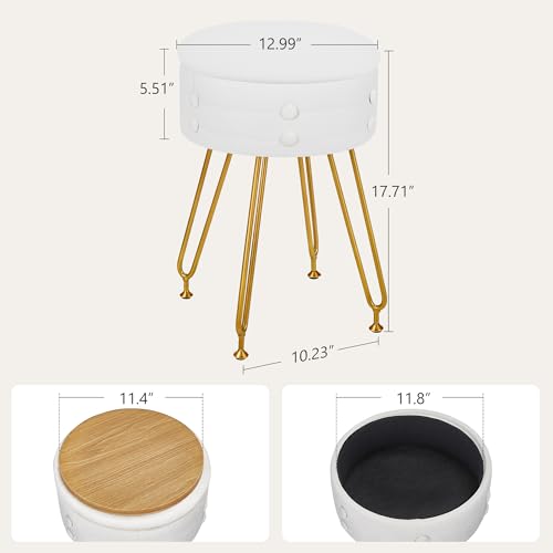 Round Velvet Vanity Stool with Storage – White Faux Fur Makeup Chair, 4 Metal Legs