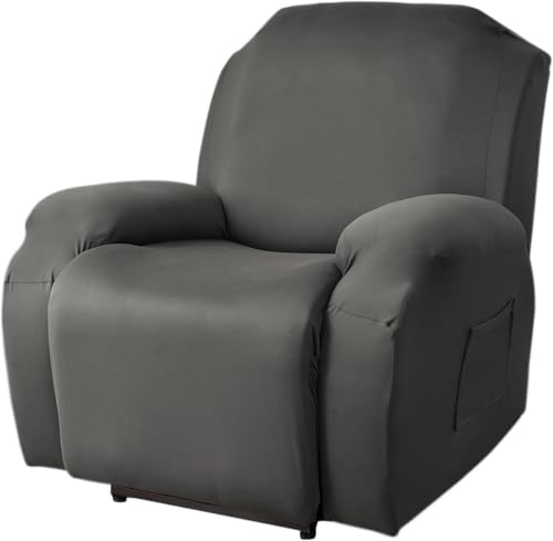 Dark Gray Recliner Sofa Cover - Stretch Fit with Side Pocket & Non-Slip Elastic