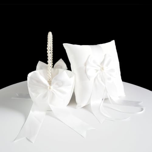 Wedding Flower Girl Basket & Ring Bearer Pillow Set Handcrafted Pearl Decor