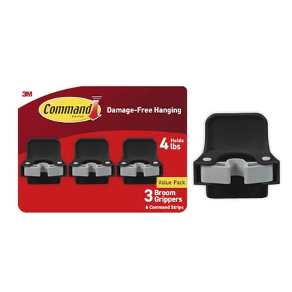 Large Black Broom Grippers with Strips - Damage-Free Wall Mount Storage