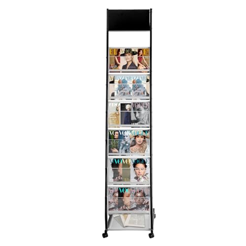 6-Tier Rolling Magazine Display Rack with Mesh Baskets, Floor Standing Book & Brochure Organizer