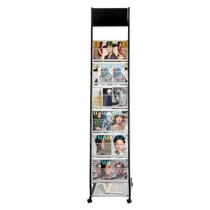 6-Tier Rolling Magazine Display Rack with Mesh Baskets, Floor Standing Book & Brochure Organizer