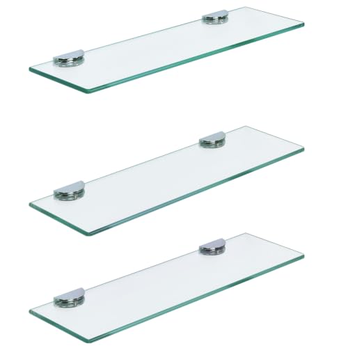16-Inch Glass Floating Shelves for Bathroom, Kitchen & Living Room - 3 Pack, Tempered Glass with Zinc Alloy Brackets