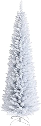 7Ft Slim Artificial Christmas Tree with 436 Tips, White, Hinged Design & Metal Stand