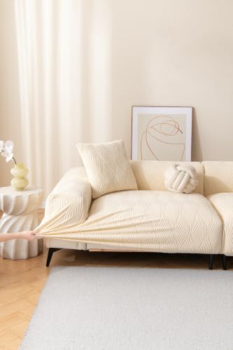 Jacquard Wave Stretch Couch Slipcover 4 Seater Beige All-Inclusive Elastic Fit