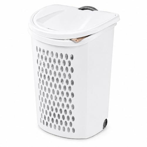 135L White Wheeled Plastic Laundry Hamper with Lid - Large Capacity, Portable
