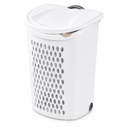 135L White Wheeled Plastic Laundry Hamper with Lid - Large Capacity, Portable