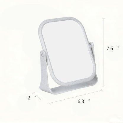 Beige Plastic 360-Degree Rotating Double-Sided Makeup Mirror - Rectangular, Desktop Stand