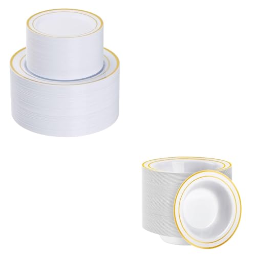 Gold Disposable Plastic Bowls and Plates Set for Parties Weddings Catering