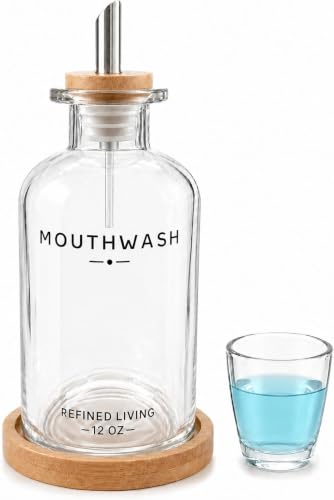 Refillable Glass Mouthwash Dispenser Set with Cup & Bamboo Tray - Clear