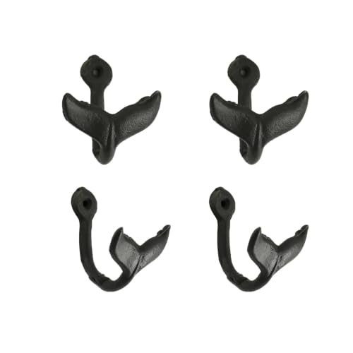 Antique Gold 4 Pack Whale Tail Wall Hooks Coastal Decor Rustic Iron Hangings