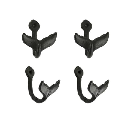 Antique Gold 4 Pack Whale Tail Wall Hooks Coastal Decor Rustic Iron Hangings
