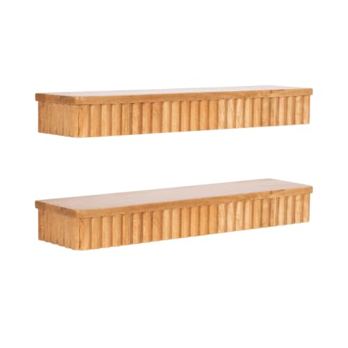 Natural Mango Wood Floating Shelves Set - Modern Ribbed Wall Decor