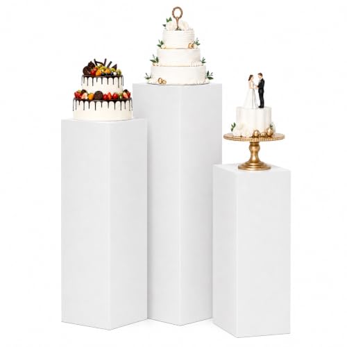 3-Piece Metal Square Display Pedestal Set for Cakes Flowers and Events, White Heavy Duty Stands