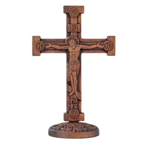 13.78in Double-Sided Orthodox Wooden Crucifix - Hand-Carved Religious Decor with Base Variation of 13.78"L x 8.78"W