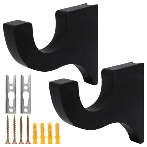 Black Wooden Curtain Rod Brackets Set of 2 - Heavy Duty Wall Mount Holders