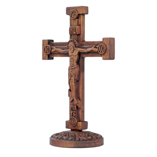 13.78in Double-Sided Orthodox Wooden Crucifix - Hand-Carved Religious Decor with Base Variation of 13.78"L x 8.78"W