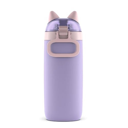 Ello Ellies 12oz Vacuum Insulated Stainless Steel Kids Water Bottle with Straw and Built-in Carrying Handle and Leak-Proof Locking Lid for School Backpack, Lunchbox and Outdoor Sports, Cat