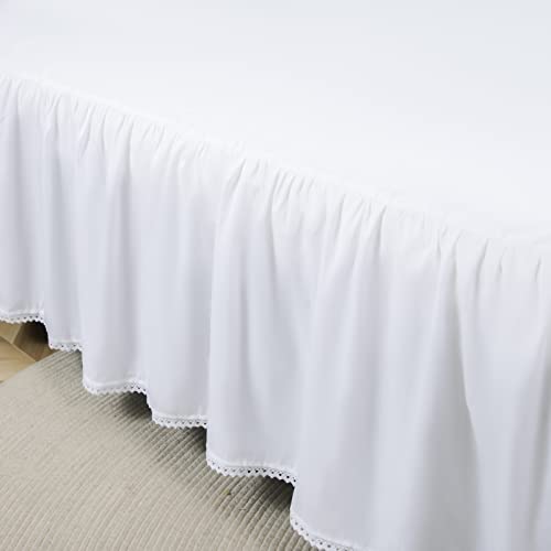 White Full Size Bed Skirt with Lace Edge and Split Corner, 14 Inch Drop