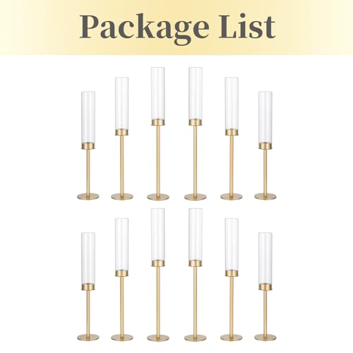 Hewory Gold Candlestick Holders 12PCS Glass Hurricane Tall Brass Base Matte Gold