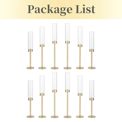 Hewory Gold Candlestick Holders 12PCS Glass Hurricane Tall Brass Base Matte Gold
