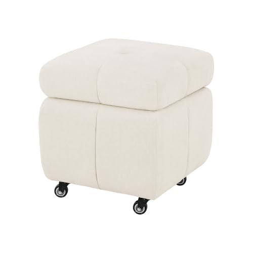 LUE BONA Square Storage Ottoman with Wheels - Beige Pouf Footrest, 17.4L Chenille
