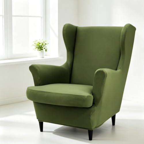 Mustard Green Stretch Wingback Chair Cover with Arms 2-Piece Slipcover Washable