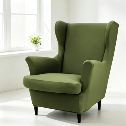 Mustard Green Stretch Wingback Chair Cover with Arms 2-Piece Slipcover Washable