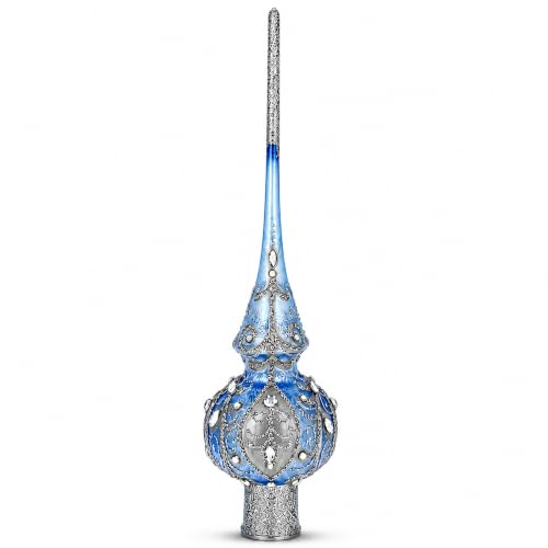 Ornate Blue Silver Glass Christmas Tree Topper with Hand-Painted Details