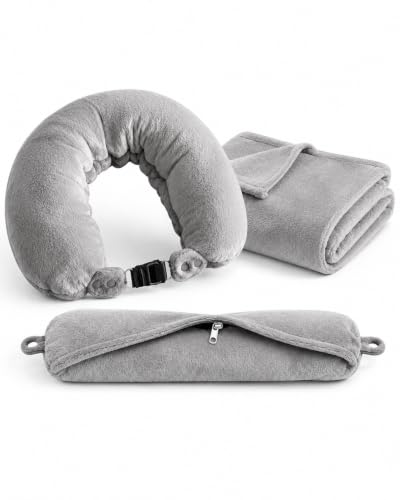 Travel Neck Pillow with Blanket Set Gray – 3-in-1 Support & Comfort for Airplane & Car